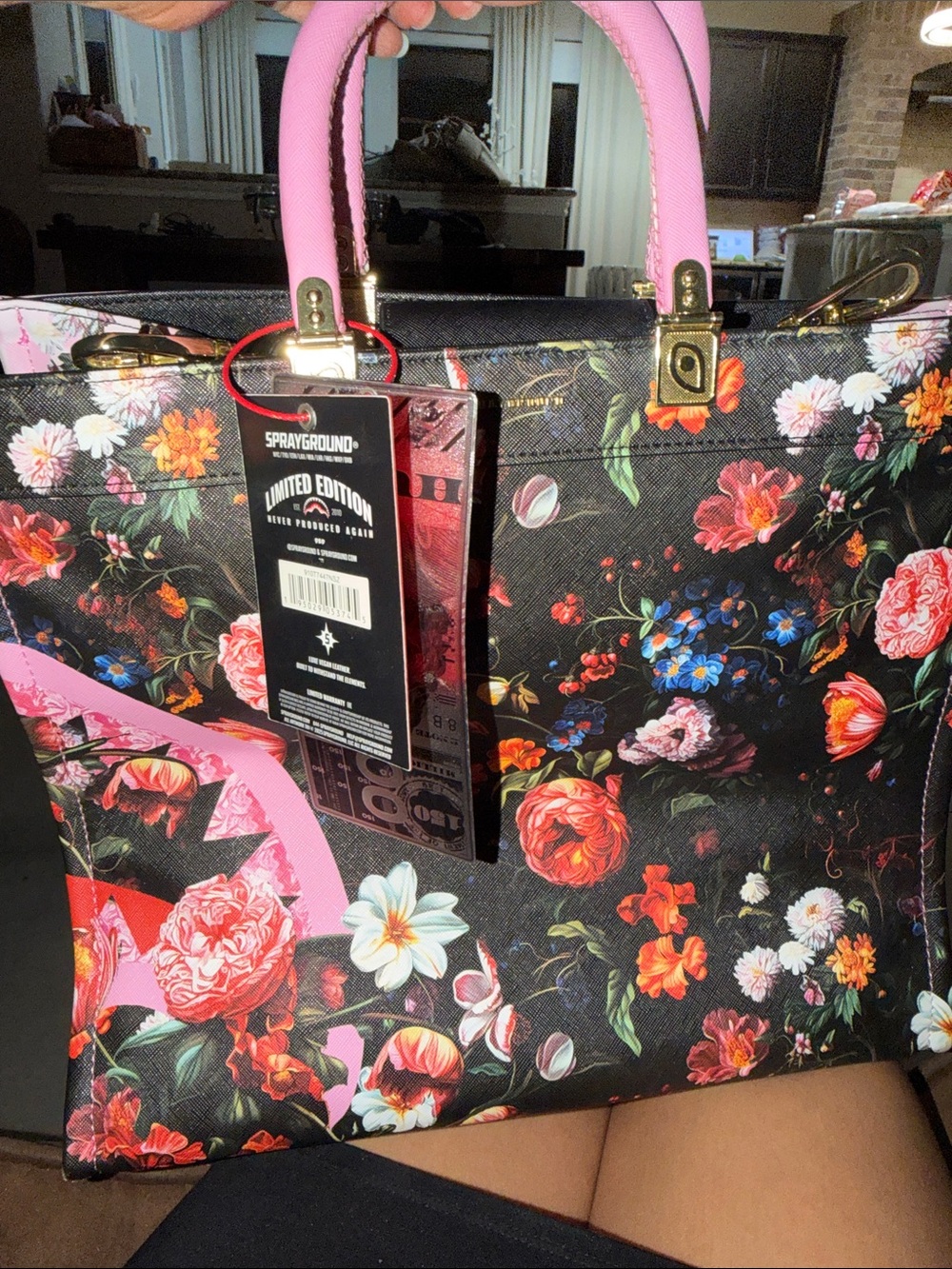 Sprayground Black Floral Tote with Multicolor Blooms
